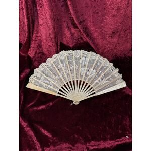 Antique Art Nouveau Handheld Fan Lace Trim Hand Painted Floral Design & Sequins